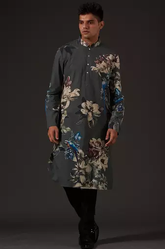 Grey Floral Printed cotton kurta pajama