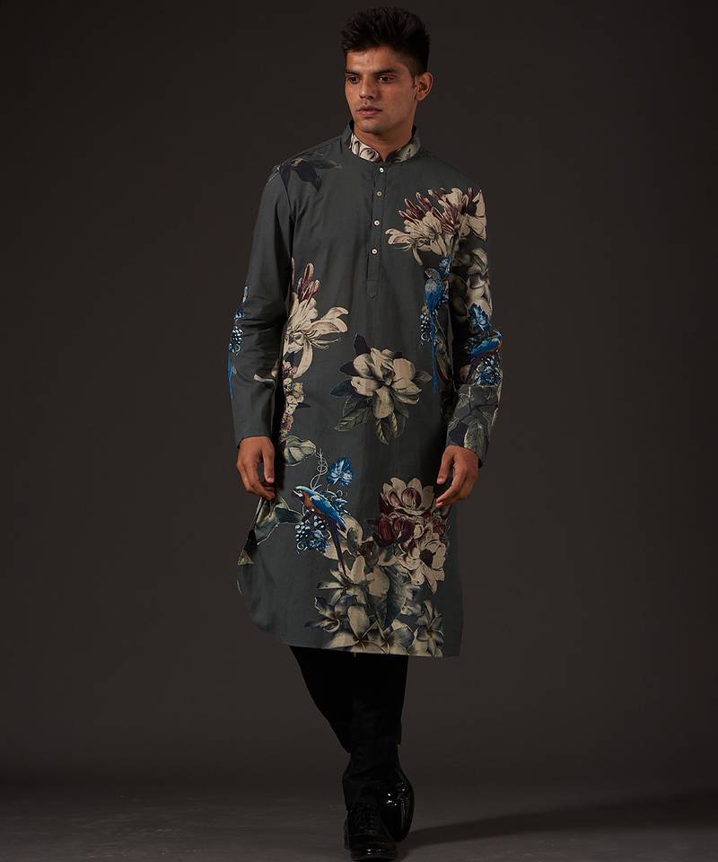 Grey Floral Printed cotton kurta pajama