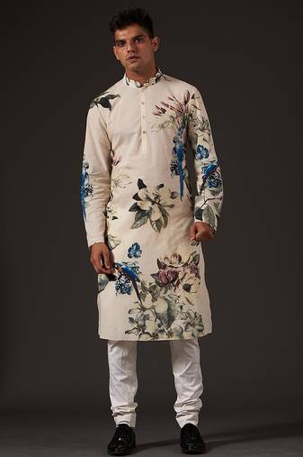 White Floral Printed cotton kurta pajama