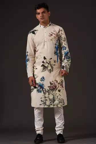 White Floral Printed cotton kurta pajama