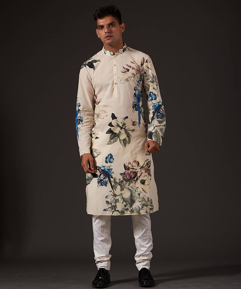 White Floral Printed cotton kurta pajama