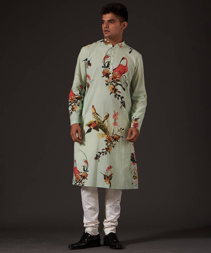 Blue Floral Printed cotton kurta pajama