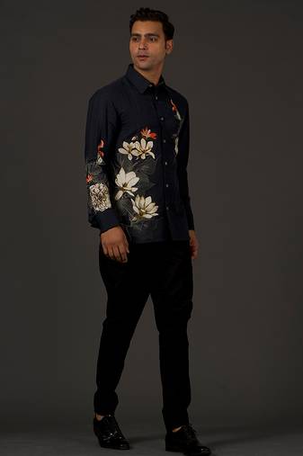 Black Floral Printed satin  shirt