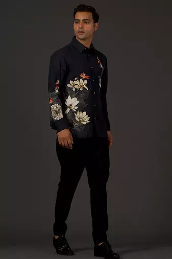 Black Floral Printed satin  shirt