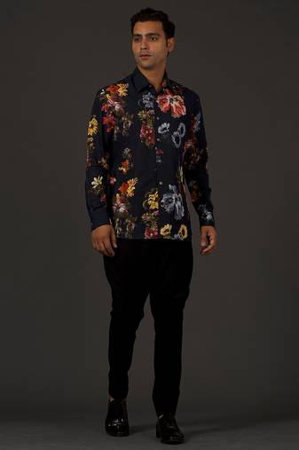 Black Floral Printed satin  shirt