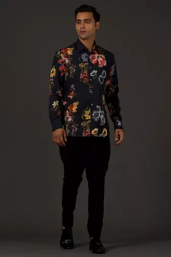 Black Floral Printed satin  shirt