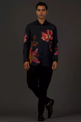 Black Floral Printed satin  shirt