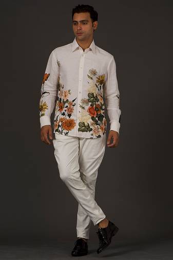 White Floral Printed satin  shirt