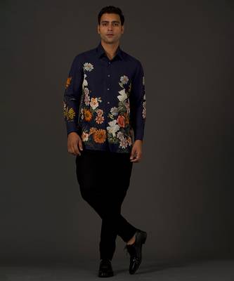 Indigo Floral Printed satin  shirt 1