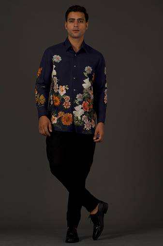 Indigo Floral Printed satin  shirt