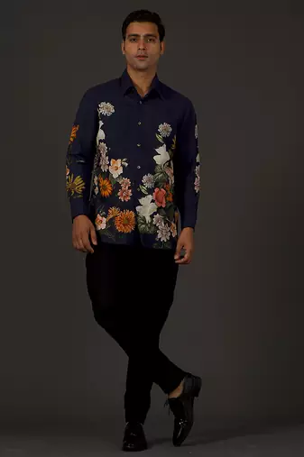 Indigo Floral Printed satin  shirt