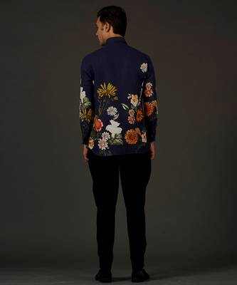 Indigo Floral Printed satin  shirt 2