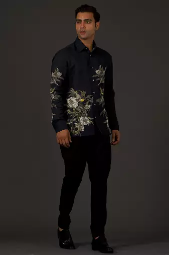 Black Floral Printed satin  shirt