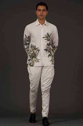 White Floral Printed satin  shirt