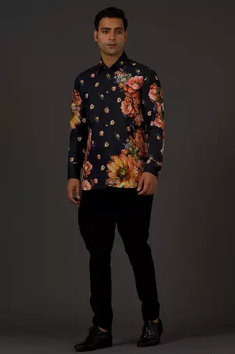 Black Floral Printed satin  shirt