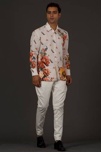 White Floral Printed satin  shirt