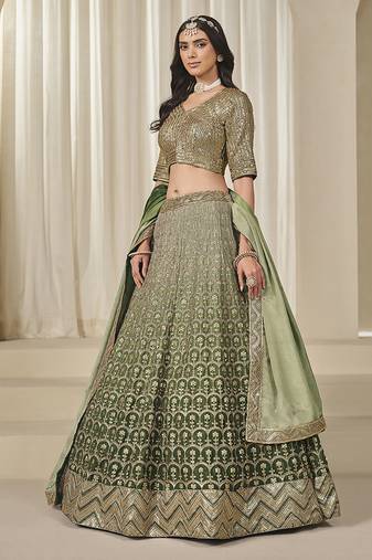 Olive Green Chinon Silk Lehenga Choli with Embroidered, Sequins, Thread and Zari Work