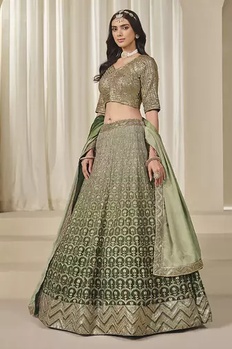 Olive Green Chinon Silk Lehenga Choli with Embroidered, Sequins, Thread and Zari Work