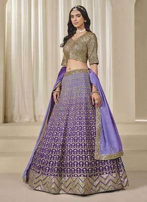 Violet Chinon silk blend Lehenga Choli with Embroidered, Sequins Work 1