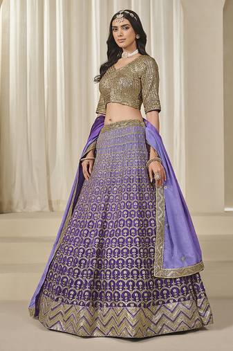 Violet Chinon Silk Lehenga Choli with Embroidered, Sequins, Thread and Zari Work