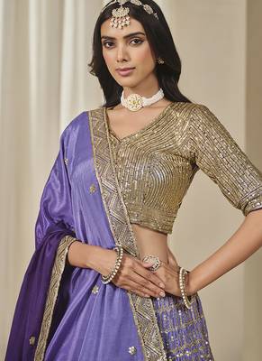 Violet Chinon silk blend Lehenga Choli with Embroidered, Sequins Work 3