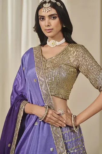 Violet Chinon silk blend Lehenga Choli with Embroidered, Sequins Work