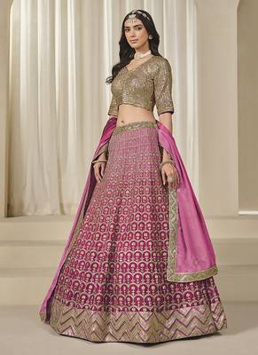 Hot Pink Chinon silk blend Lehenga Choli with Embroidered, Sequins Work 1