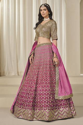 Hot Pink Chinon Silk Lehenga Choli with Embroidered, Sequins, Thread and Zari Work
