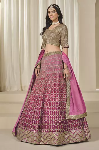 Hot Pink Chinon Silk Lehenga Choli with Embroidered, Sequins, Thread and Zari Work