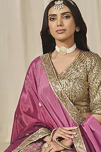 Hot Pink Chinon silk blend Lehenga Choli with Embroidered, Sequins Work