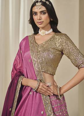 Hot Pink Chinon silk blend Lehenga Choli with Embroidered, Sequins Work 3