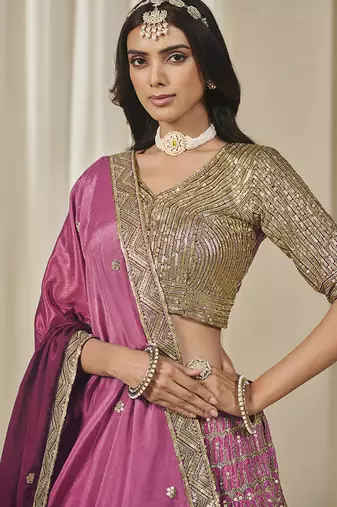 Hot Pink Chinon silk blend Lehenga Choli with Embroidered, Sequins Work