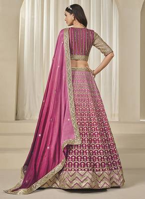 Hot Pink Chinon silk blend Lehenga Choli with Embroidered, Sequins Work 4