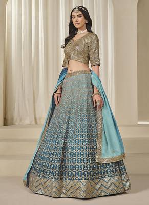 Firozi Chinon silk blend Lehenga Choli with Embroidered, Sequins Work 1