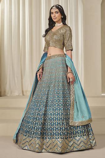 Firozi Chinon Silk Lehenga Choli with Embroidered, Sequins, Thread and Zari Work