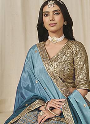 Firozi Chinon silk blend Lehenga Choli with Embroidered, Sequins Work 2