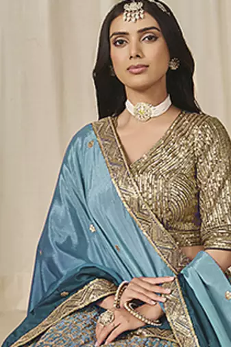 Firozi Chinon silk blend Lehenga Choli with Embroidered, Sequins Work