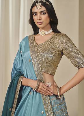 Firozi Chinon silk blend Lehenga Choli with Embroidered, Sequins Work 3
