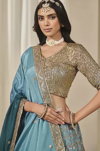 Firozi Chinon silk blend Lehenga Choli with Embroidered, Sequins Work