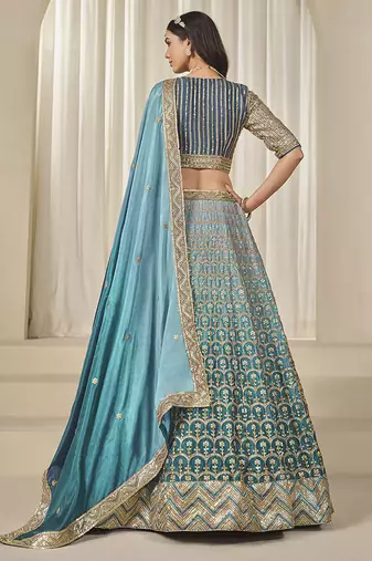 Firozi Chinon silk blend Lehenga Choli with Embroidered, Sequins Work