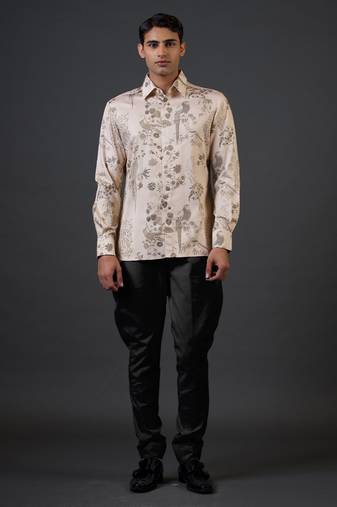 Beige floral printed satin  shirt