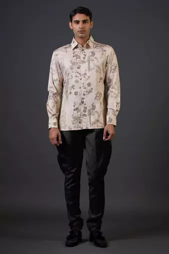 Beige floral printed satin  shirt