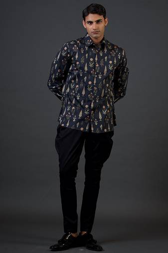 Black digital printed satin  shirt