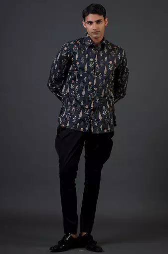 Black digital printed satin  shirt