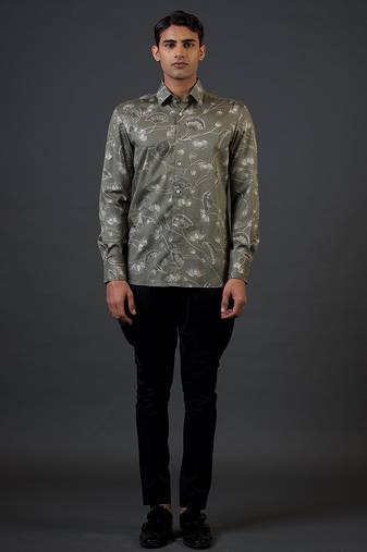 Grey floral printed satin  shirt