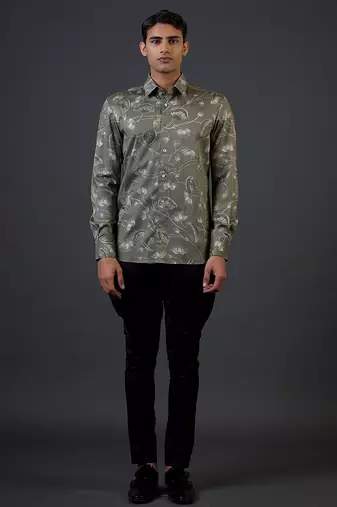 Grey floral printed satin  shirt