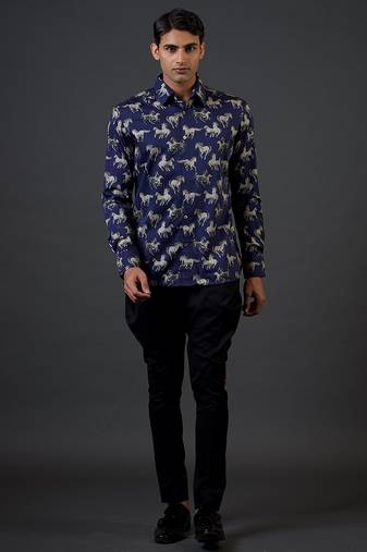 Blue animal printed satin  shirt