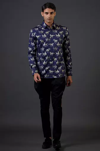 Blue animal printed satin  shirt