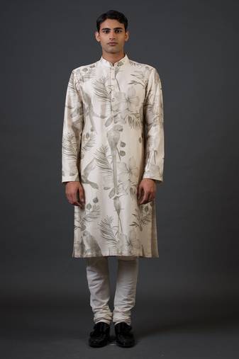 White digital printed chanderi silk kurta pajama