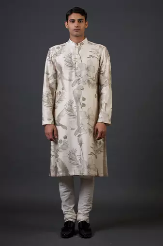 White digital printed chanderi silk kurta pajama